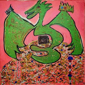 May include: A painting depicting a green dragon wearing a crown, holding a treasure chest, and surrounded by gold coins and jewels. The dragon is set against a pink background. The artwork is signed and dated.