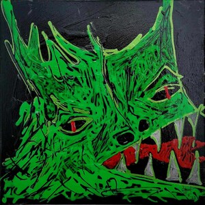 May include: Abstract painting of a green dragon's head with red eyes and mouth on a black background. The dragon has sharp teeth and a jagged outline. The artwork is signed in the bottom right corner.