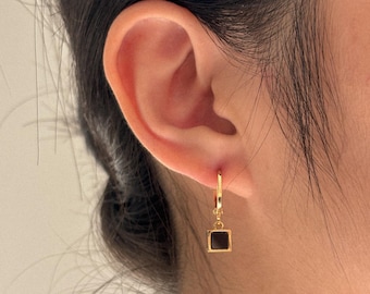 Black square charm earrings Geometric gold earrings Gold and black earrings Gold hoop earrings Simple gold hoop earrings Birthday gift