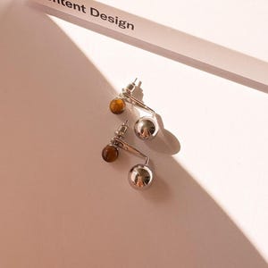 Tiger Eye Stud Earrings with Silver Drop 2-in-1 Minimalist Earrings Maillard Stone Earrings Natural Gemstone Gift for Her Everyday Jewelry