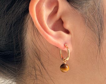 Tiger Eye Earrings Gold Hoop Earrings Tiger Eye Gemstone Drop Natural Stone Jewellery Bohemian Earrings Elegant Drop Earrings Birthday Gift