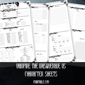 May include: Printable character sheets for Vampire: The Masquerade V5. The black and white sheets feature decorative borders and sections for attributes, skills, and other game details. The text "VAMPIRE THE MASQUERADE V5 CHARACTER SHEETS PRINTABLE A4" is visible.