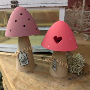 May include: Two decorative wooden mushroom figurines. One has a pink cap with small holes, the other has a red cap with a heart-shaped cutout. Both have beige stems and small tags tied with twine. The mushrooms are on a wooden surface.