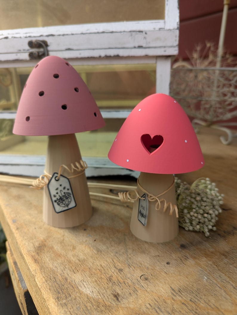 May include: Two decorative wooden mushroom figurines. One has a pink cap with small holes, the other has a red cap with a heart-shaped cutout. Both have beige stems and small tags tied with twine. The mushrooms are on a wooden surface.