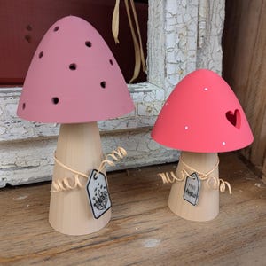 May include: Two decorative mushroom figurines. One is light pink with holes, the other is coral with a heart cutout. Both have beige stems and tags with illustrations and text. The mushrooms are on a wooden surface.