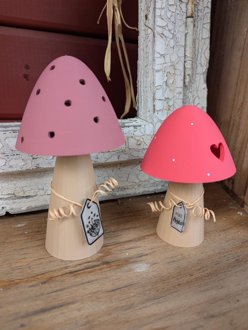May include: Two decorative mushroom figurines. One is light pink with holes, the other is coral with a heart cutout. Both have beige stems and tags with illustrations and text. The mushrooms are on a wooden surface.