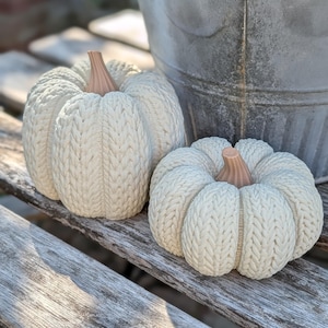 May include: Two off-white decorative pumpkins featuring a textured cable knit pattern across their rounded surfaces. Each pumpkin is topped with a smooth, light brown stem. The pumpkins are positioned side by side, displaying a detailed ribbed design.