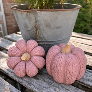 May include: Two decorative pumpkins in a dusty pink shade, featuring a textured knit pattern across the surface and a light-colored, ribbed stem at the top. The pumpkins are rounded and segmented, displaying a soft, matte finish throughout.