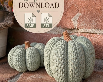 May include: Two sage green pumpkins with a textured knit-like surface and brown stems. A circular graphic overlay at the top displays the text 'Sofort DOWNLOAD' along with icons for 3MF and STL file formats, indicating a digital product for 3D printing.