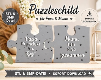 Puzzle Sign Mom Dad STL File | 3D Printed Gift for Parents | Puzzle Piece Family Decoration | STL & 3MF Download | Mother's Day Father's Day Gift