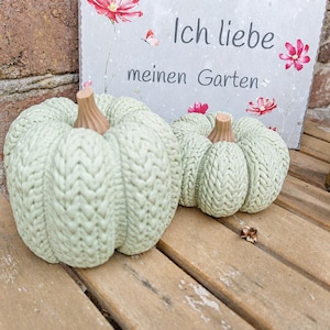 May include: Two sage green pumpkins with a textured knit pattern and brown stems. Behind them is a rectangular metal sign with a light gray background, red flower illustrations, and the German text Ich liebe meinen Garten.