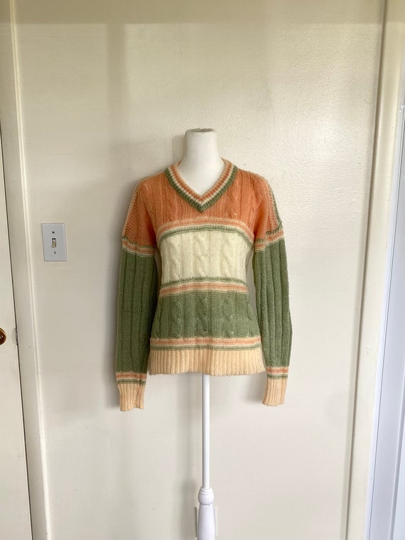 1970s/80s "Berries" V-Neck, Cable Knit, Striped Sw