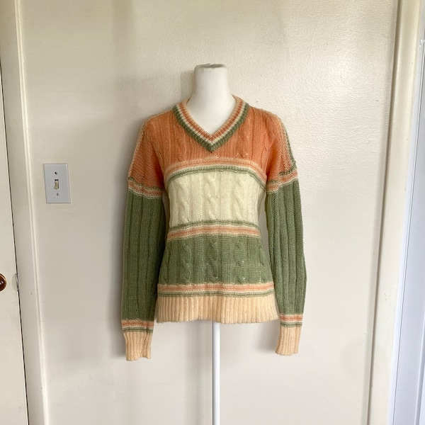 1970s/80s "Berries" V-Neck, Cable Knit, Striped Sweater