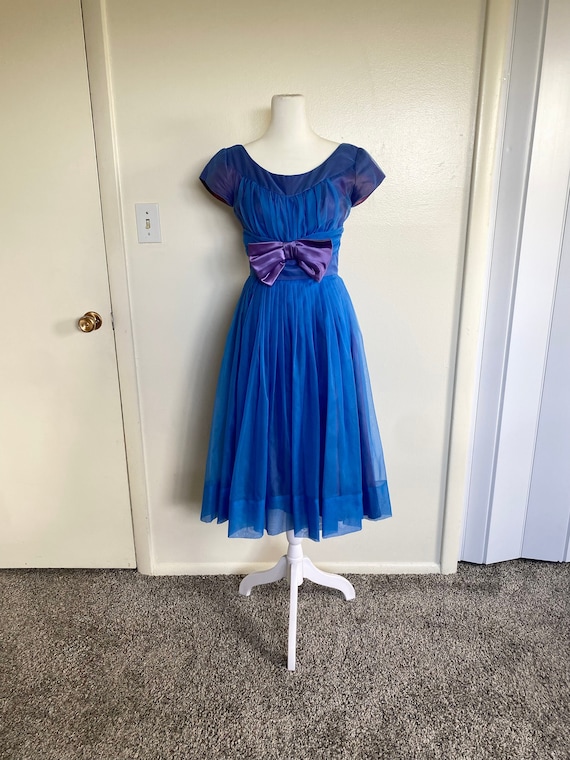 Vintage 1950s Blue and Purple Midi Dress