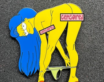 May include: A yellow cartoon character with blue hair and orange heels, pulling down their underwear. The word "censored" is written on two pink rectangles. The background is a dark, textured surface.