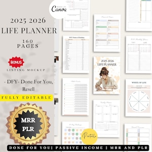 Pode incluir: Um planejador de vida digital para 2025-2026, com 160 páginas. Inclui um mockup de listagem e é totalmente editável. O planejador tem um bônus e é projetado para revenda. O texto "MRR PLR" também está presente.