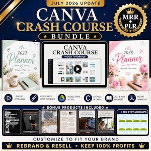 May include: A digital bundle featuring a Canva Crash Course with video tutorials, 2027 and 2028 planners, and bonus products including guides, checklists, and 100 Etsy mockups. The design includes gold accents, text headers, and icons for Google Drive access.