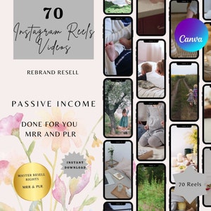 K&ouml;nnte beinhalten: Eine digitale Produktliste f&uuml;r 70 Instagram Reels-Videos. Das Bild zeigt eine Collage von Telefonbildschirmen, die verschiedene Videoclips anzeigen. Der Text auf dem Bild lautet "70 Instagram Reels Videos", "Rebrand Resell", "Passive Income", "Done For You", "MRR and PLR", "Master Resell Rights", "MRR & PLR", "Instant Download" und "70 Reels".