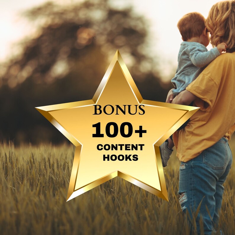 K&ouml;nnte beinhalten: Ein goldener Stern mit dem Text "BONUS 100+ CONTENT HOOKS" in Schwarz.