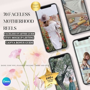 K&ouml;nnte beinhalten: Ein digitales Produktpaket zum Erstellen von Social-Media-Inhalten. Das Paket enth&auml;lt 70 gesichtslose Mutterschafts-Reels, einen Einsteigerleitfaden, eine Etsy-Mockup-Liste, einen Canva-Bonusleitfaden und &uuml;ber 100 Content-Hooks. Das Bild zeigt einen rosa Hintergrund mit Aquarellblumen und vier Smartphone-Bildschirme, die verschiedene Reel-Beispiele anzeigen.