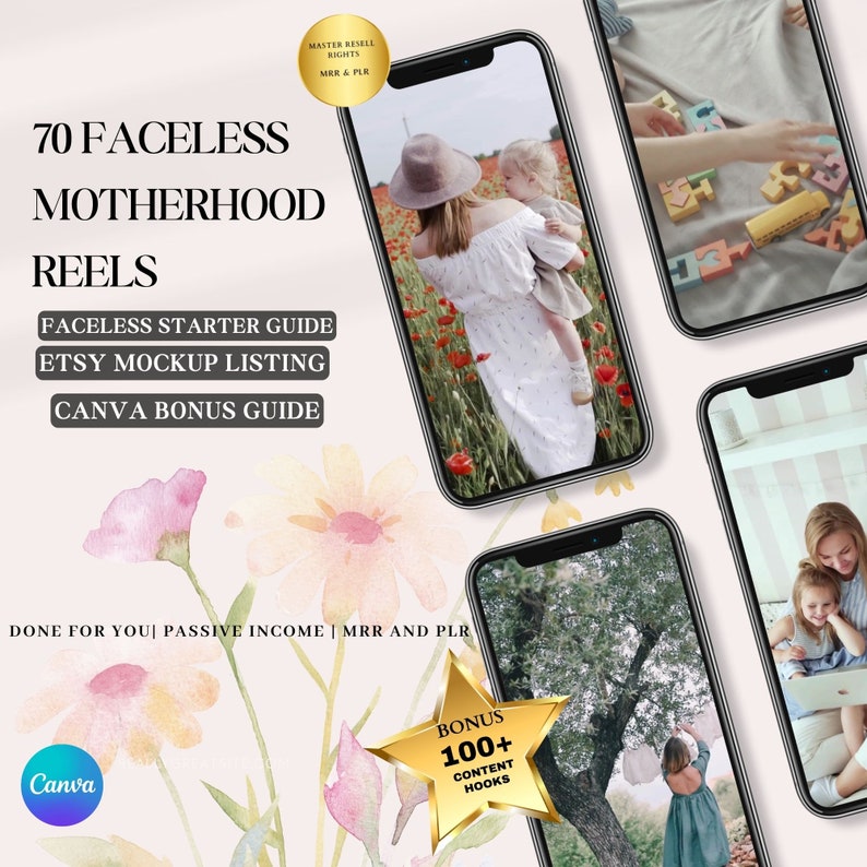 K&ouml;nnte beinhalten: Ein digitales Produktpaket zum Erstellen von Social-Media-Inhalten. Das Paket enth&auml;lt 70 gesichtslose Mutterschafts-Reels, einen Einsteigerleitfaden, eine Etsy-Mockup-Liste, einen Canva-Bonusleitfaden und &uuml;ber 100 Content-Hooks. Das Bild zeigt einen rosa Hintergrund mit Aquarellblumen und vier Smartphone-Bildschirme, die verschiedene Reel-Beispiele anzeigen.