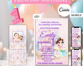 Prinzessin Geburtstagsfeier, 1. Geburtstag einladen, Prinzessin Geburtstagsparty Vorlage, Mädchen-Geburtstag, Prinzessinnen-Einladung, mobiles Video
