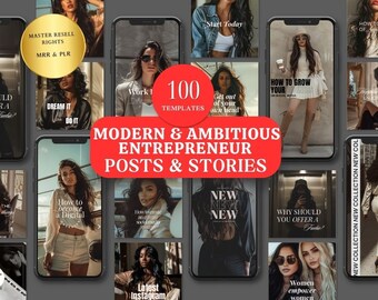Könnte beinhalten: Eine Collage aus 100 Social-Media-Post-Vorlagen für Unternehmer. Die Vorlagen zeichnen sich durch moderne Designs mit Textüberlagerungen und Bildern von Frauen aus. Der Text enthält Sätze wie "Träume es, tu es", "Komm aus deinem eigenen Kopf" und "Wie man sein Geschäft in den sozialen Medien wachsen lässt".