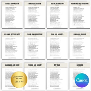 May include: A digital collage of 12 beige squares with black text listing various digital product categories, such as fitness and health, personal finance, digital marketing, parenting and childcare, personal development, travel and adventure, tech and gadgets, gardening and home, fashion and beauty, pet care, and business. The text "Master Resell Rights MRR & PLR" is in a gold circle on a beige background.