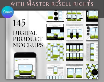 Puede incluir: Una maqueta de plantilla Canva para listados de Etsy con 145 maquetas de productos digitales. La maqueta muestra una variedad de pantallas de teléfonos y tabletas con diferentes diseños y diseños. El texto "145 maquetas de productos digitales" se muestra en una fuente grande y en negrita en la parte superior de la imagen.