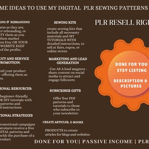 Op de afbeelding: Een bruine achtergrond met een lijst met idee&euml;n voor het gebruik van digitale naaipatronen. De lijst bevat "Herverkoop en rebranding", "Product- en servicepromotie", "Educatieve bronnen", "Promotionele strategie&euml;n", "Naaipakketten", "Marketing en leadgeneratie", "Abonneegeschenken", "Artikelen en e-boeken maken" en "Klaar voor u Etsy-vermelding".