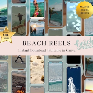 Può includere: Un collage di 15 mockup di schermate di telefono con immagini a tema spiaggia e sovrapposizioni di testo. Le immagini includono onde oceaniche, palme, conchiglie e una persona che cammina su un molo. Le sovrapposizioni di testo includono "Beach Reels", "Download istantaneo", "Modificabile in Canva", "Beach Vibes" e "Aggiungi il tuo testo".