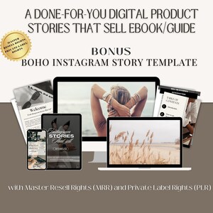 Puede incluir: Una guía de producto digital en formato de libro electrónico titulada "Instagram Stories That Sell" con derechos de reventa y de marca privada. La portada presenta una imagen de estilo boho de una mujer con los brazos detrás de la cabeza, un portátil con una escena de playa y un teléfono con la portada del libro electrónico.