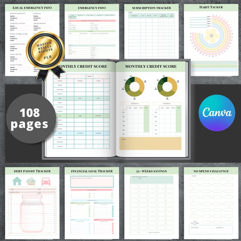 May include: A printable planner with 108 pages featuring various financial and personal organization trackers. The pages are designed with a green and pink color scheme and include sections for local emergency information, monthly credit score, debt payoff, financial goals, savings, and a no-spend challenge.