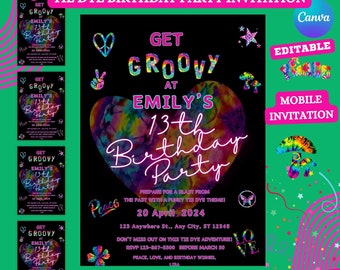 May include: A tie-dye themed birthday party invitation for a 13th birthday. The invitation features a heart-shaped tie-dye design with the text "Get Groovy at Emily's 13th Birthday Party". The invitation also includes the date "20 April 2024" and the address "123 Anywhere St., Any City, ST 12345".
