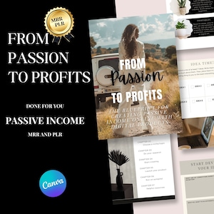 Puede incluir: Una portada de producto digital con el texto "From Passion to Profits" y "The Blueprint for Creating Passive Income Online with Digital Products". La portada presenta a una mujer con un vestido blanco de pie frente a un SUV negro. La portada también incluye una lista de capítulos para el producto.