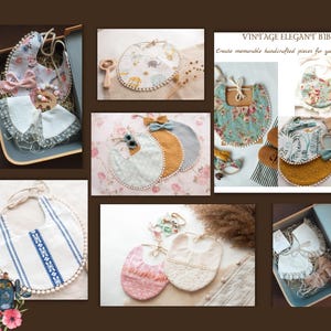 Op de afbeelding: Een verzameling handgemaakte baby-slabbetjes in verschillende stijlen en kleuren. De slabbetjes hebben verschillende patronen, waaronder bloemen, dieren en geometrische ontwerpen. Sommige slabbetjes hebben kantversiering, terwijl andere parelmoeraccenten hebben. De tekst "Vintage Elegant Bibs" is zichtbaar in de afbeelding.