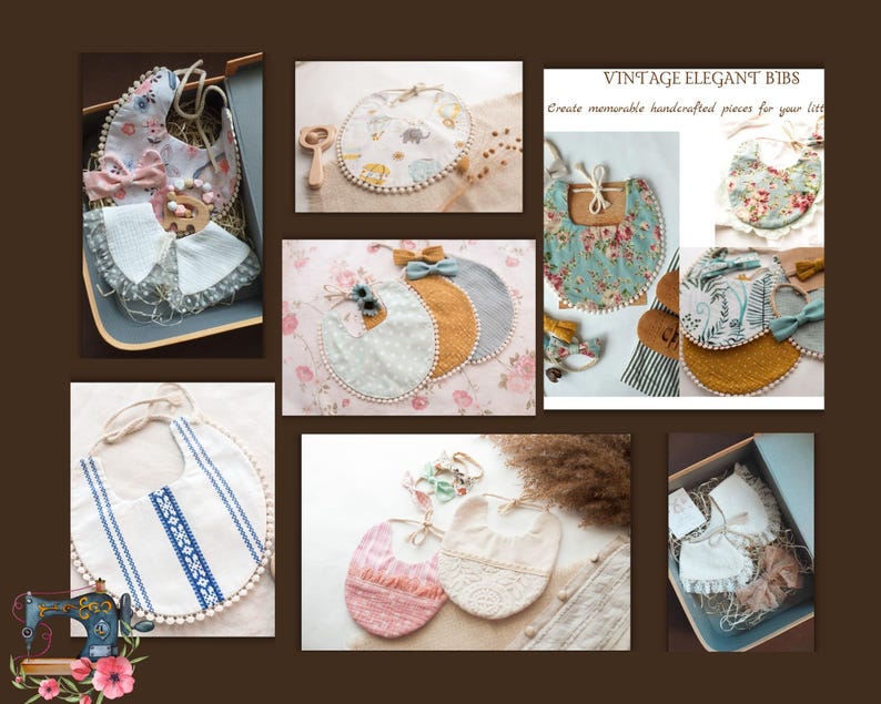 Op de afbeelding: Een verzameling handgemaakte baby-slabbetjes in verschillende stijlen en kleuren. De slabbetjes hebben verschillende patronen, waaronder bloemen, dieren en geometrische ontwerpen. Sommige slabbetjes hebben kantversiering, terwijl andere parelmoeraccenten hebben. De tekst "Vintage Elegant Bibs" is zichtbaar in de afbeelding.