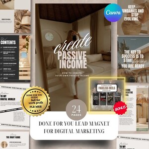 May include: A 24-page digital marketing guide titled "Create Passive Income: How to Create Your Own Passive Income". The guide features a gold star rating, a bonus section, and a "Done For You Lead Magnet" tagline. The cover image features a woman sitting on a couch in a modern, tropical-themed home.