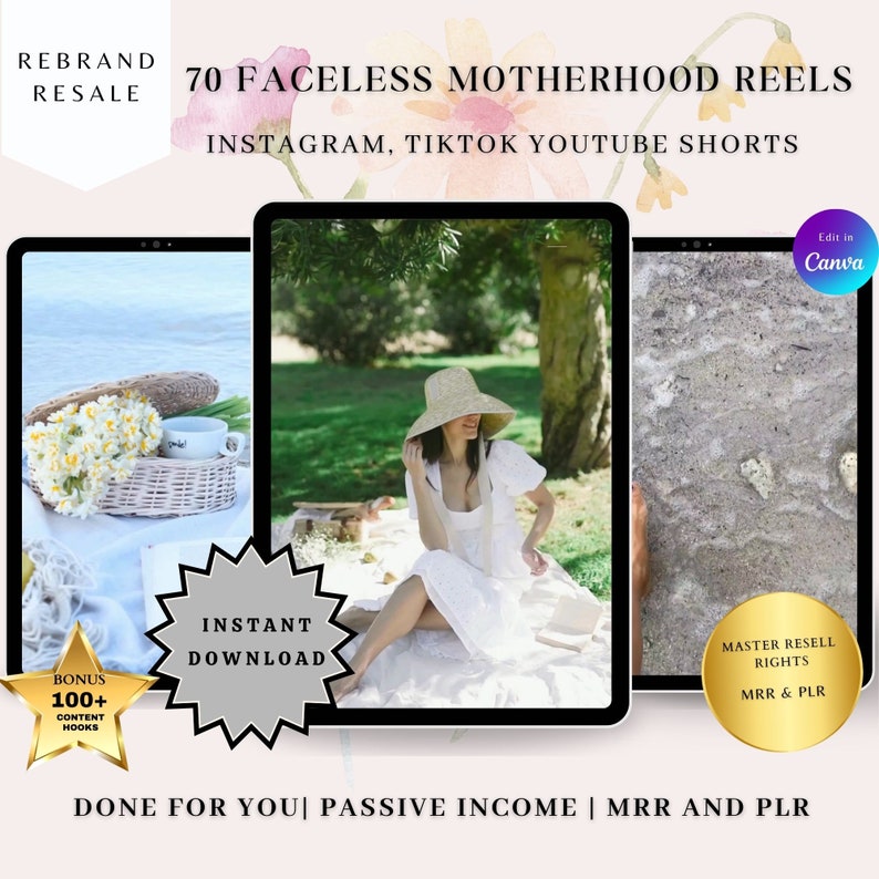 K&ouml;nnte beinhalten: Ein digitales Produkt-Mockup mit drei Bildern einer Frau in einem wei&szlig;en Kleid und einem breitkrempigen Hut. Der Text "70 Faceless Motherhood Reels" wird oben im Bild angezeigt. Der Text "Instagram, Tiktok Youtube Shorts" wird unter dem Titel angezeigt. Der Text "Done for You | Passive Income | MRR and PLR" wird unten im Bild angezeigt.