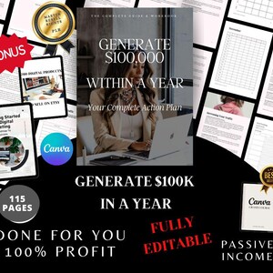 May include: A digital product guide with a woman working on a laptop. The guide is titled "Generate $100,000 Within a Year: Your Complete Action Plan". The guide is described as "115 Pages, Done For You, 100% Profit, Fully Editable, Passive Income".