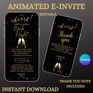¡Noche de chicas brillantes! Únase a nosotros para recibir una invitación animada de cumpleaños dorada y negra, una despedida de soltera Evite y una plantilla de itinerario editable