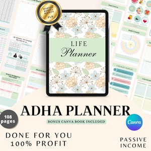 ADHD Life Planner: Adult Productivity, Canva Template (MRR & PLR)