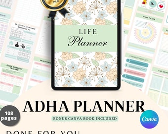 ADHD Life Planner: Adult Productivity, Canva Template (MRR & PLR)