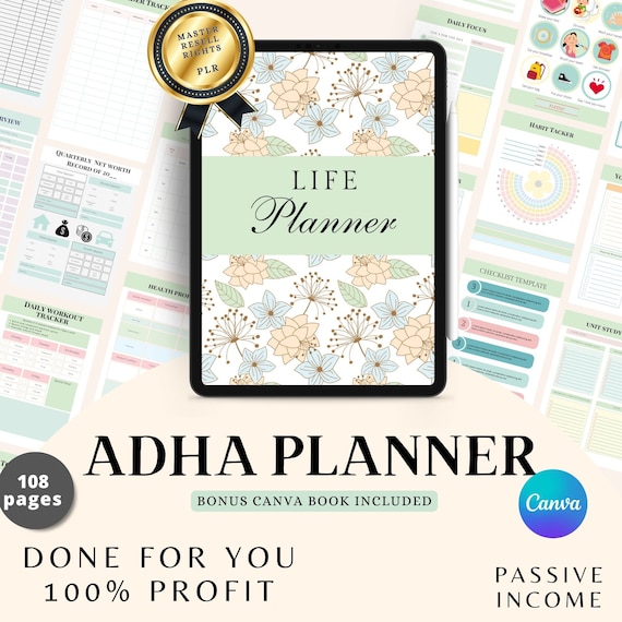 ADHD Life Planner: Adult Productivity, Canva Template (MRR & PLR)