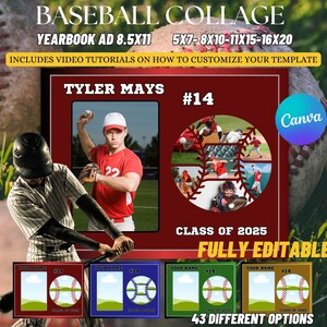 Puede incluir: Plantilla de collage de béisbol para un anuncio de anuario. La plantilla presenta un diseño de temática de béisbol con una foto de un jugador de béisbol en el centro. La plantilla es totalmente editable e incluye 43 opciones diferentes. El texto "YEARBOOK AD 8.5X11 5X7-8X10-11X15-16X20" está en la parte superior de la imagen. El texto "TYLER MAYS #14" está en el centro de la imagen. El texto "CLASS OF 2025" está debajo de la foto. El texto "FULLY EDITABLE" está debajo del texto "CLASS OF 2025". El texto "43 DIFFERENT OPTIONS" está en la parte inferior de la imagen.