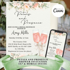 Petals and Prosecco Bridal Shower Invitation: Pink & Green (Editable Template)