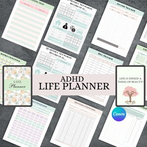 May include: A collection of printable planner pages with a light green and pink color scheme. The pages include sections for tracking income, expenses, net worth, bills, and a books challenge. The pages are designed for people with ADHD and feature the text "ADHD LIFE PLANNER".