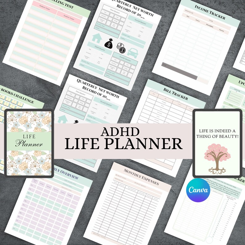 May include: A collection of printable planner pages with a light green and pink color scheme. The pages include sections for tracking income, expenses, net worth, bills, and a books challenge. The pages are designed for people with ADHD and feature the text "ADHD LIFE PLANNER".