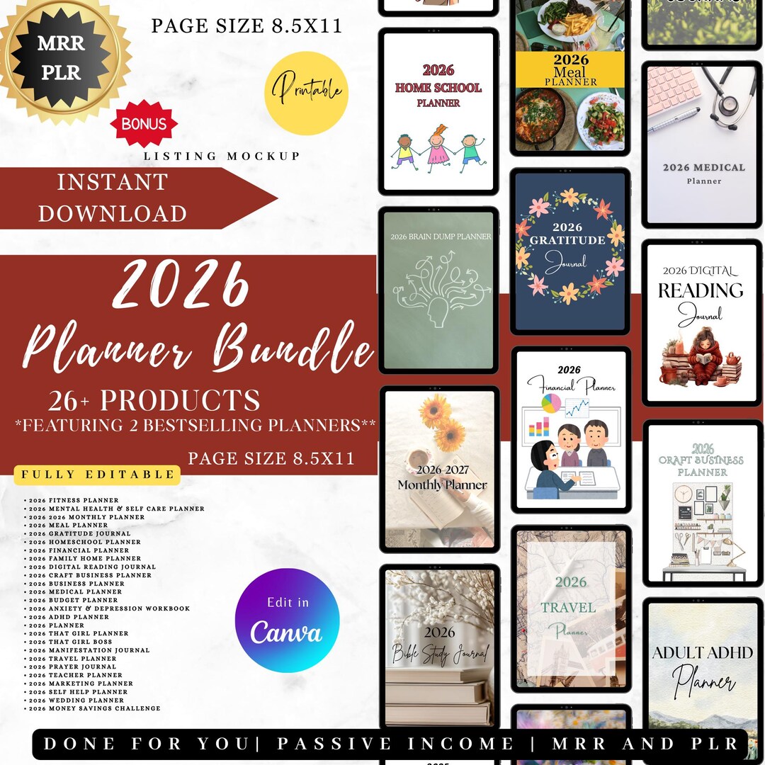 2026 Planner Canva Template Bundle: PLR MRR, Journals, Trackers ...