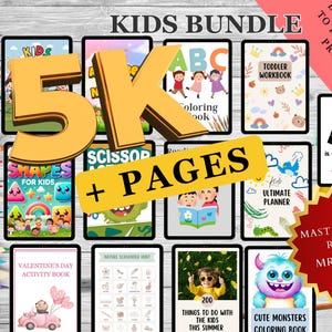 May include: A digital product bundle for kids featuring 5,000+ pages of printable activities, coloring pages, and workbooks. The bundle includes a variety of themes, such as shapes, letters, animals, and nature. The image also includes the text "KIDS BUNDLE", "DONE-FOR-YOU TO RESELL FOR PROFIT", and "MASTER RESELL RIGHTS MRR & PLR".